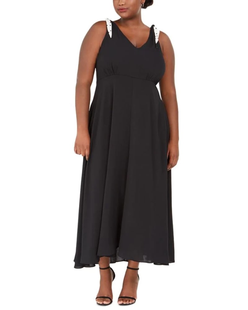 Front of a model wearing a size 14W Betsey Johnson Women's Sleeveless Maxi Empire Waist Evening Dress Plus Black Size 14W in Black by Betsey Johnson. | dia_product_style_image_id:313132